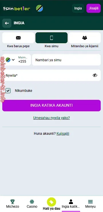 Kuingia SpinBetter kwa nambari ya simu Tanzania